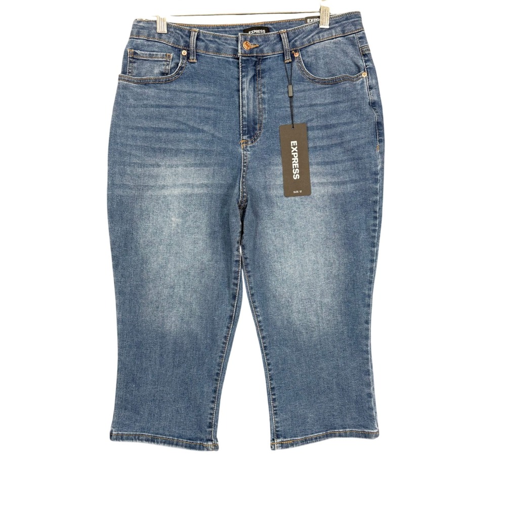 Express Capri Jeans Womens 12 Blue High Rise Hyper Stretch Crop Medium Wash NWT